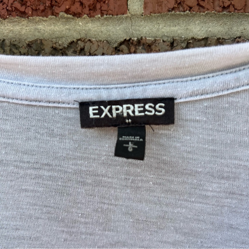 Express Gray White V Neck Long Sleeve Transparent Light Knit High Low Top - Picture 5 of 5